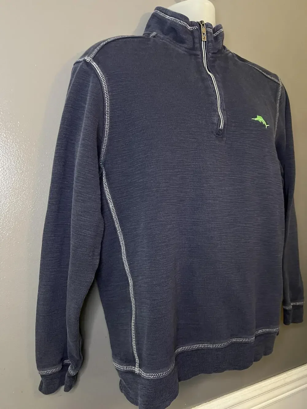 Tommy Bahama Sweatshirt Mens Large Blue 1/4 Zip Knit Pullover Mock Neck Logo